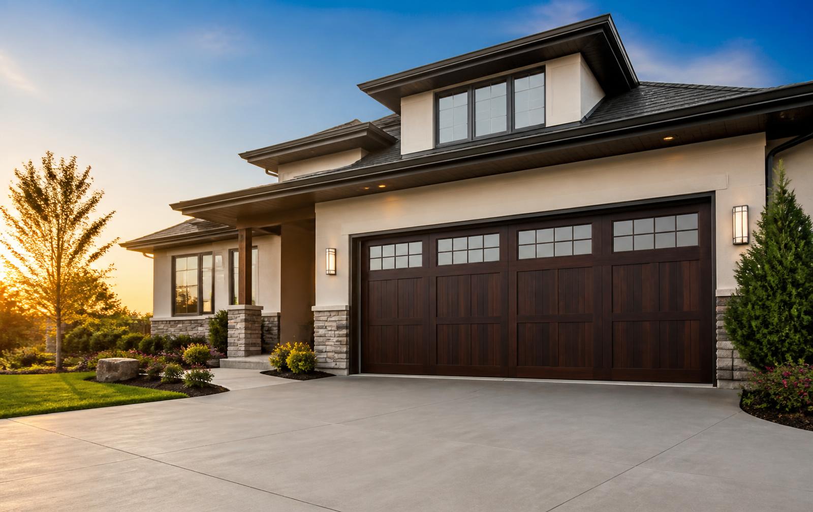 Modern Lancaster home with a newly installed garage door at golden hour